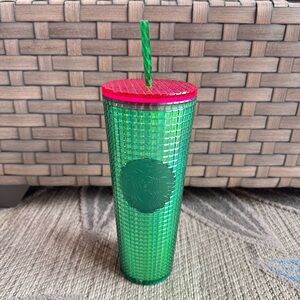 Starbucks 2023 Watermelon Grid‎ Green w/Green Straw & Pink Lid 24oz Tumbler